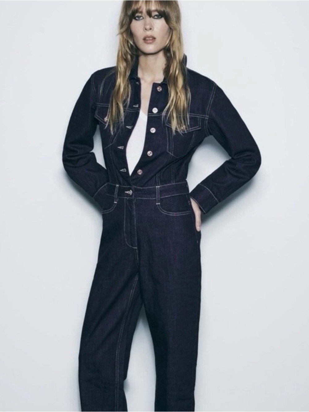 ZARA Dark Indigo Denim Jumpsuit with Contrast Stitching